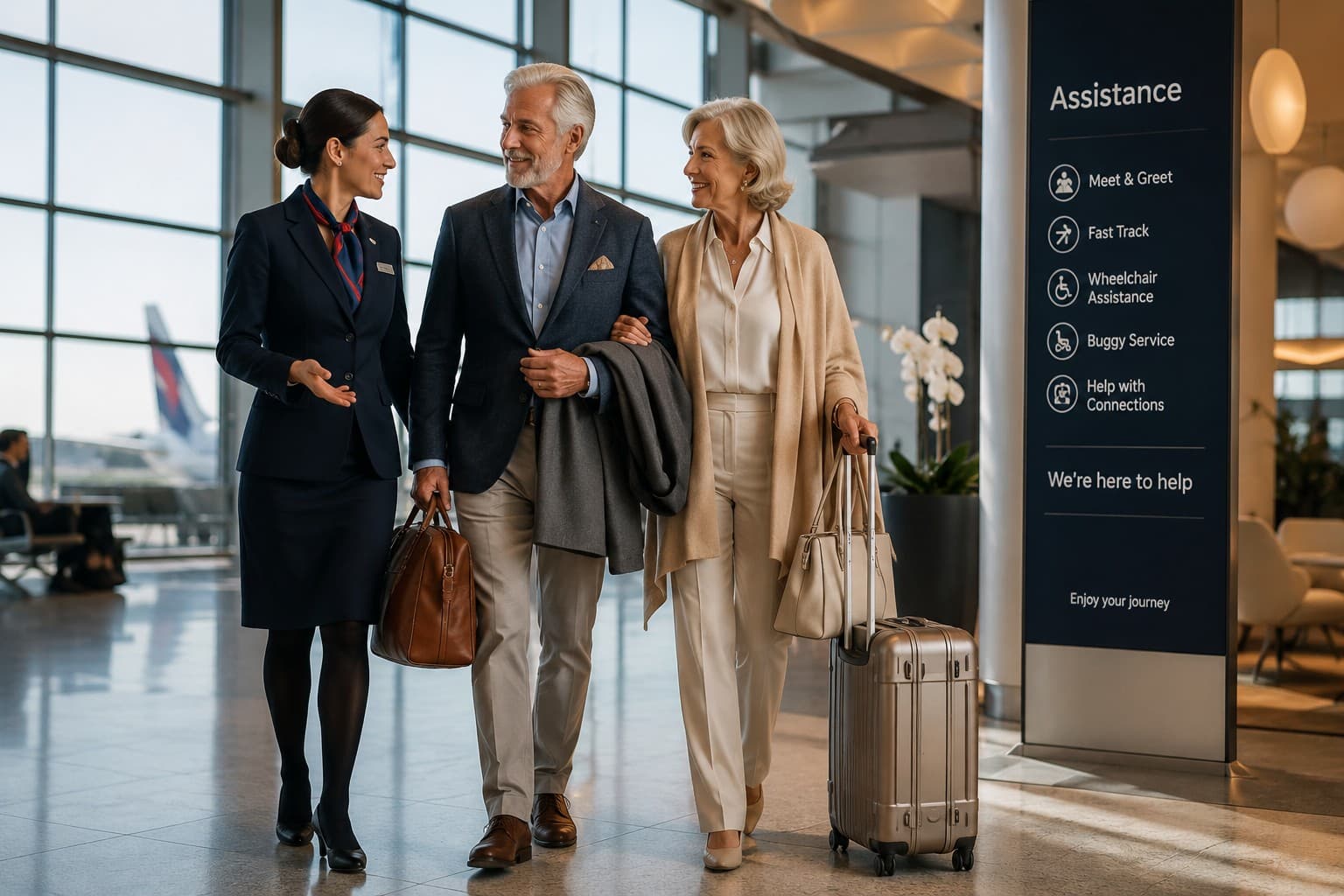 Senior travellers receiving assistance at an airport